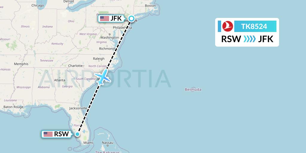 TK8524 Turkish Airlines Flight Map: Fort Myers to New York