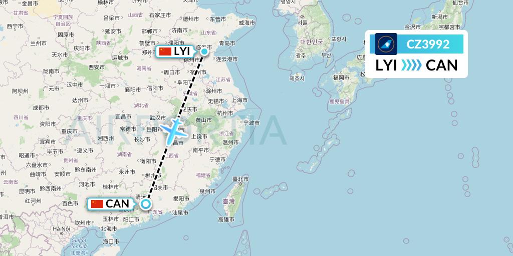 CZ3992 China Southern Airlines Flight Map: Linyi to Guangzhou