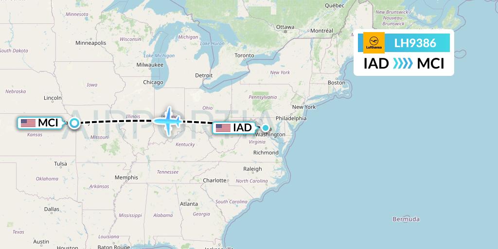 LH9386 Lufthansa Flight Map: Washington to Kansas City