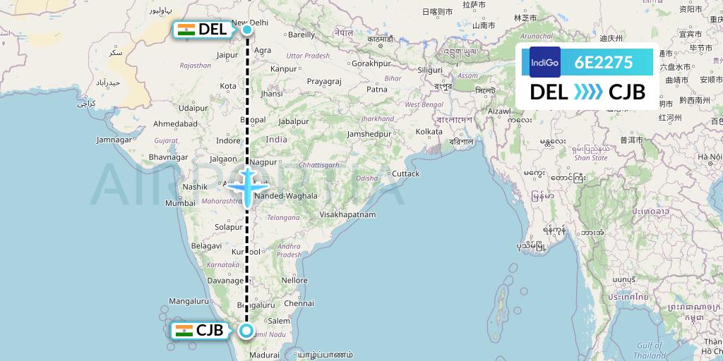 6E2275 IndiGo Airlines Flight Map: Delhi to Coimbatore
