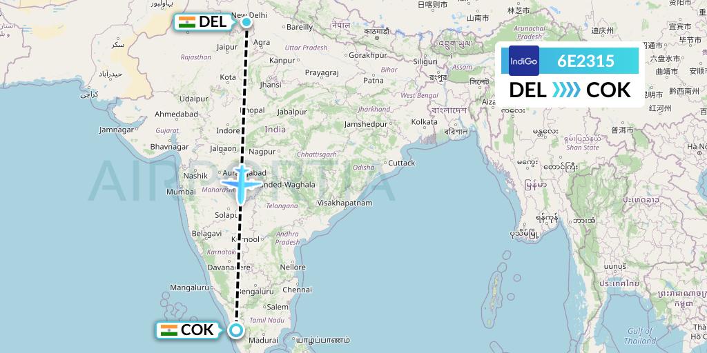6E2315 IndiGo Airlines Flight Map: Delhi to Cochin