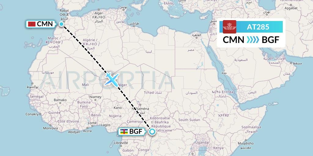 AT285 Royal Air Maroc Flight Map: Casablanca to Bangui