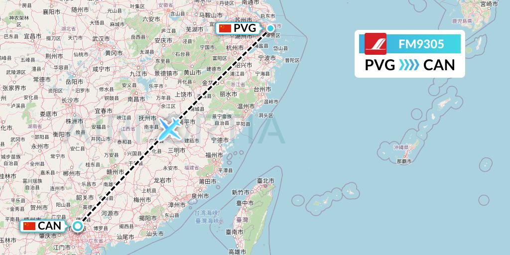 FM9305 Shanghai Airlines Flight Map: Shanghai to Guangzhou
