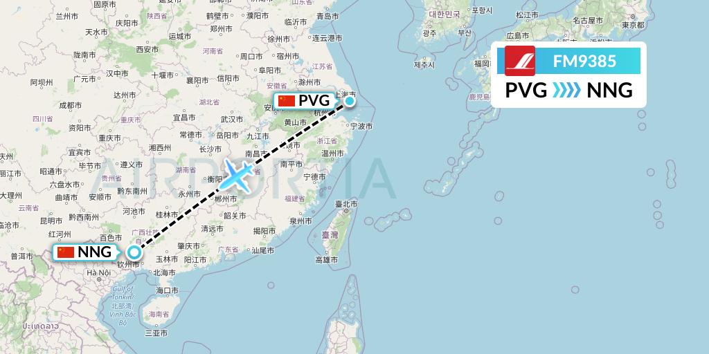 FM9385 Shanghai Airlines Flight Map: Shanghai to Nanning