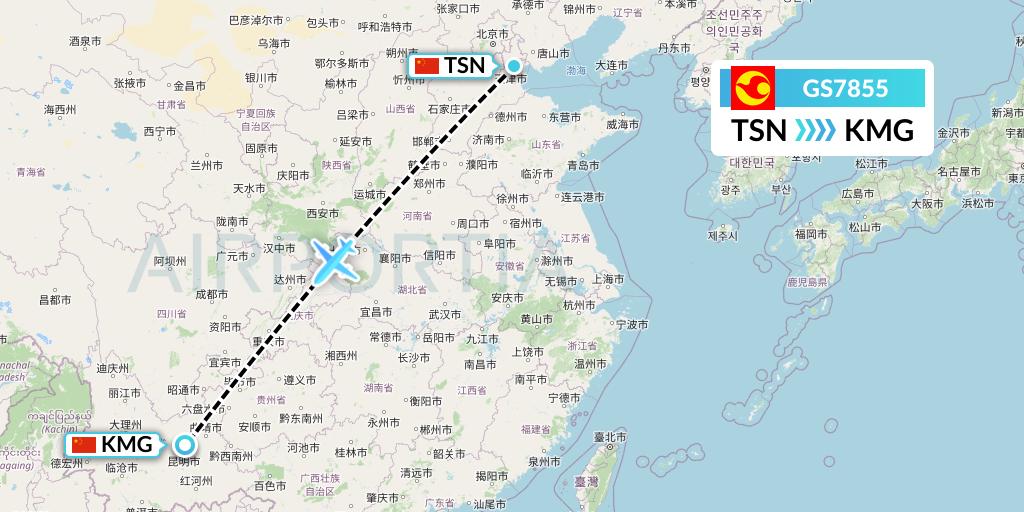 GS7855 Tianjin Airlines Flight Map: Tianjin to Kunming
