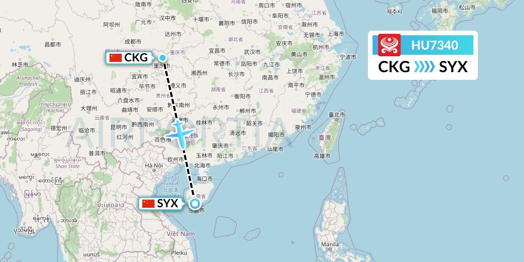 HU7340 Hainan Airlines Flight Map: Chongqing to Sanya