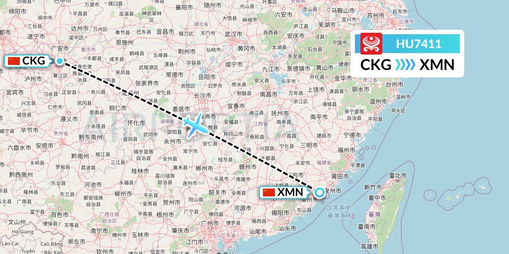 HU7411 Hainan Airlines Flight Map: Chongqing to Xiamen