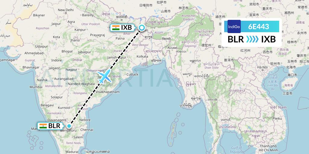 6E443 IndiGo Airlines Flight Map: Bangalore to Siliguri
