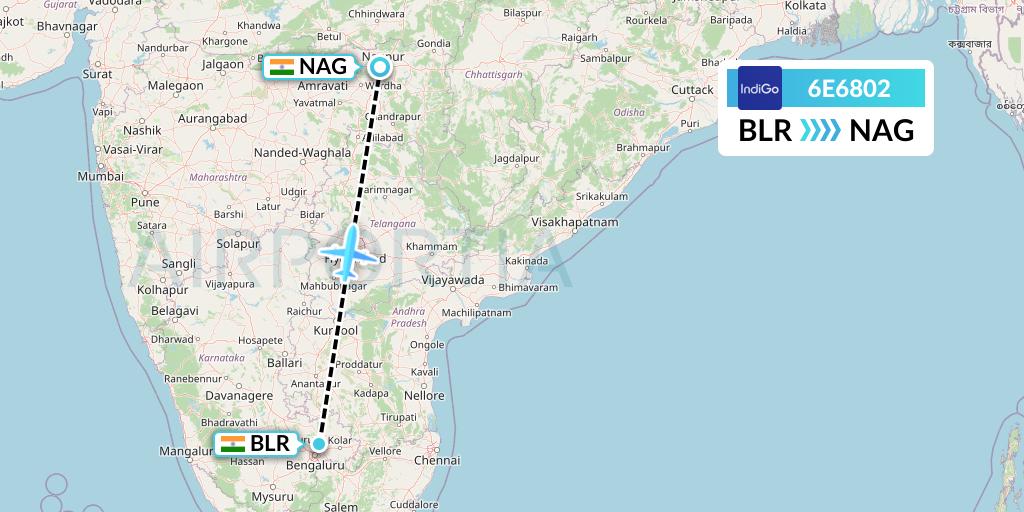 6E6802 IndiGo Airlines Flight Map: Bangalore to Nagpur