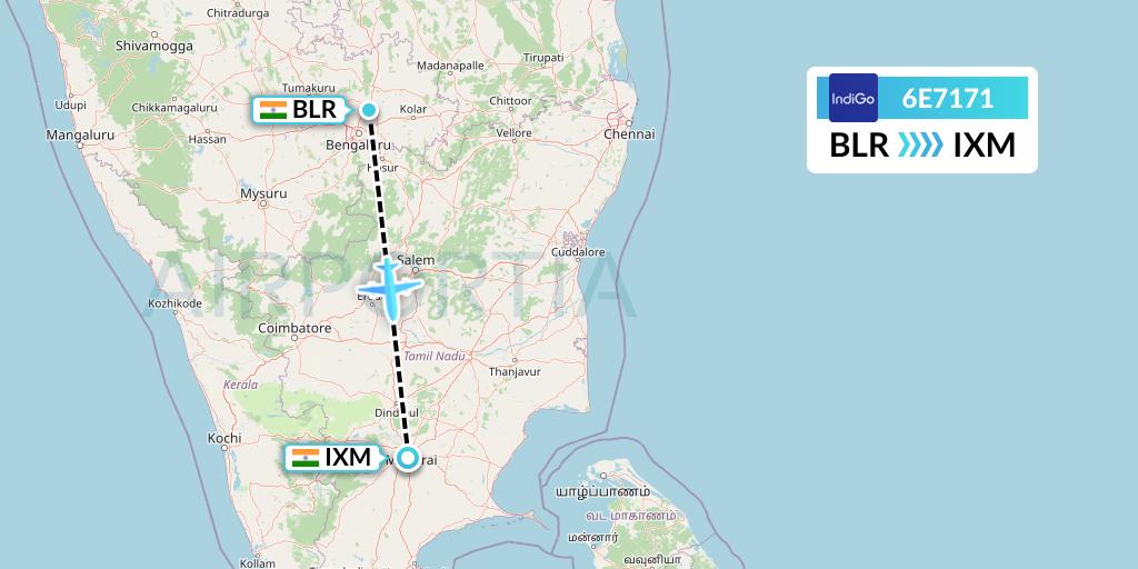 6E7171 IndiGo Airlines Flight Map: Bangalore to Madurai