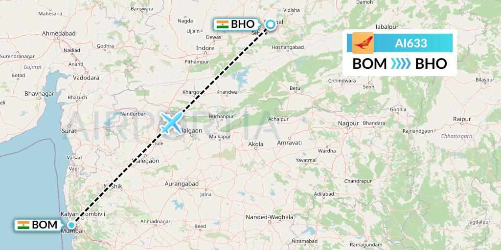 AI633 Air India Flight Map: Mumbai to Bhopal