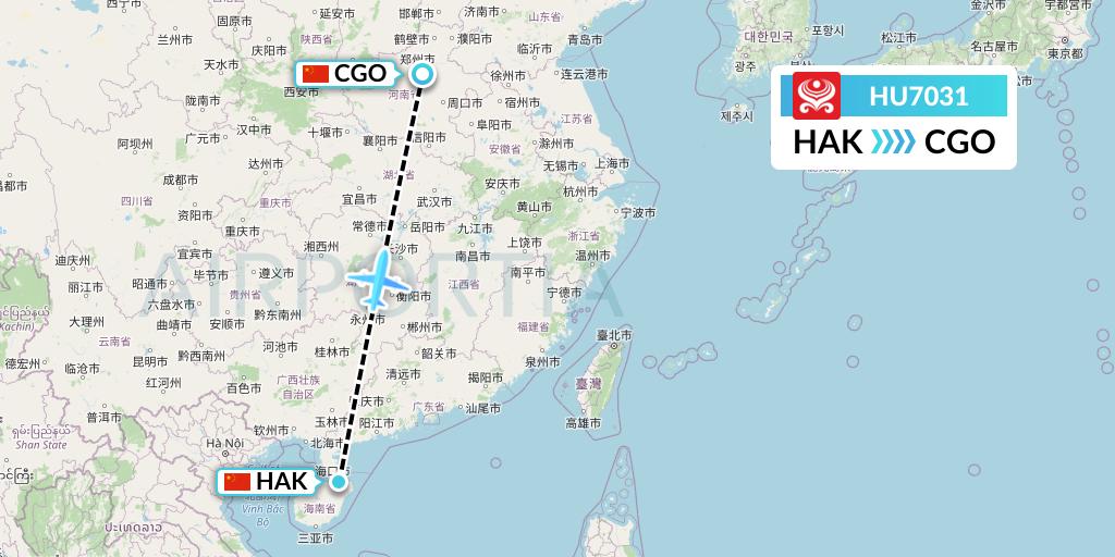HU7031 Hainan Airlines Flight Map: Haikou to Zhengzhou