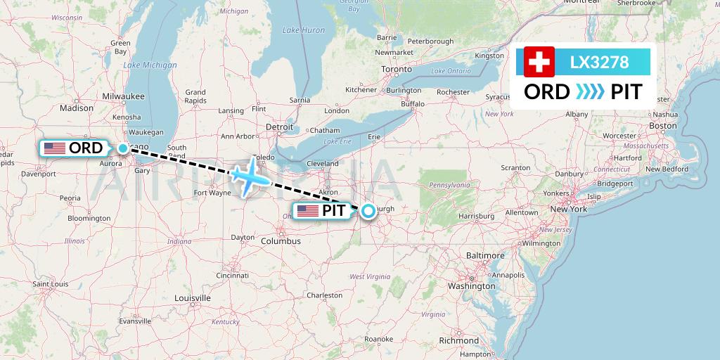 LX3278 Swiss Flight Map: Chicago to Pittsburgh