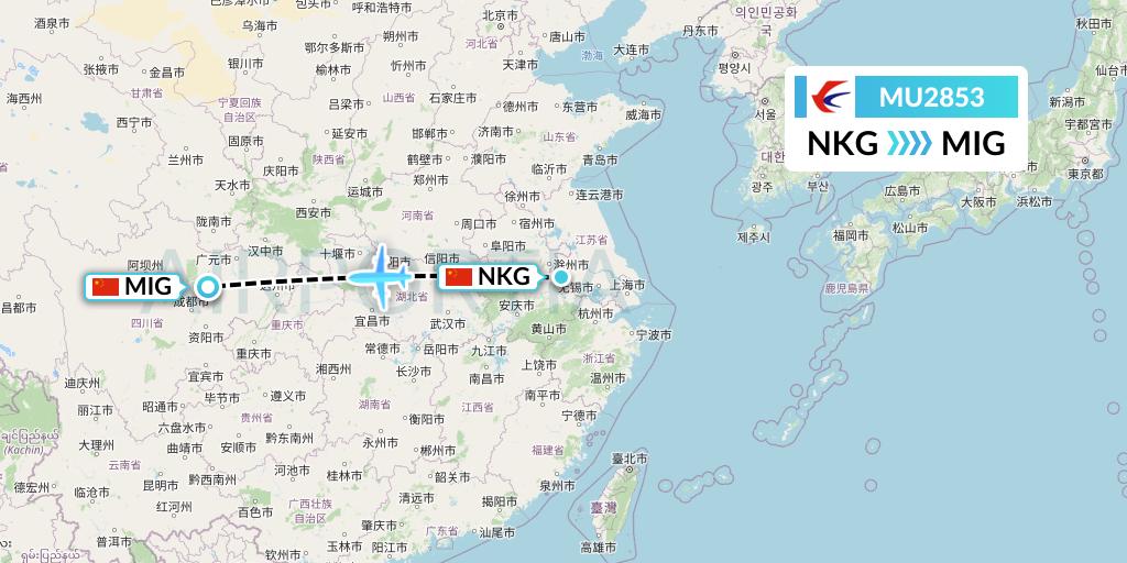 MU2853 China Eastern Airlines Flight Map: Nanjing to Mianyang