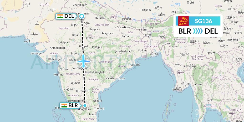 SG136 SpiceJet Flight Map: Bangalore to Delhi