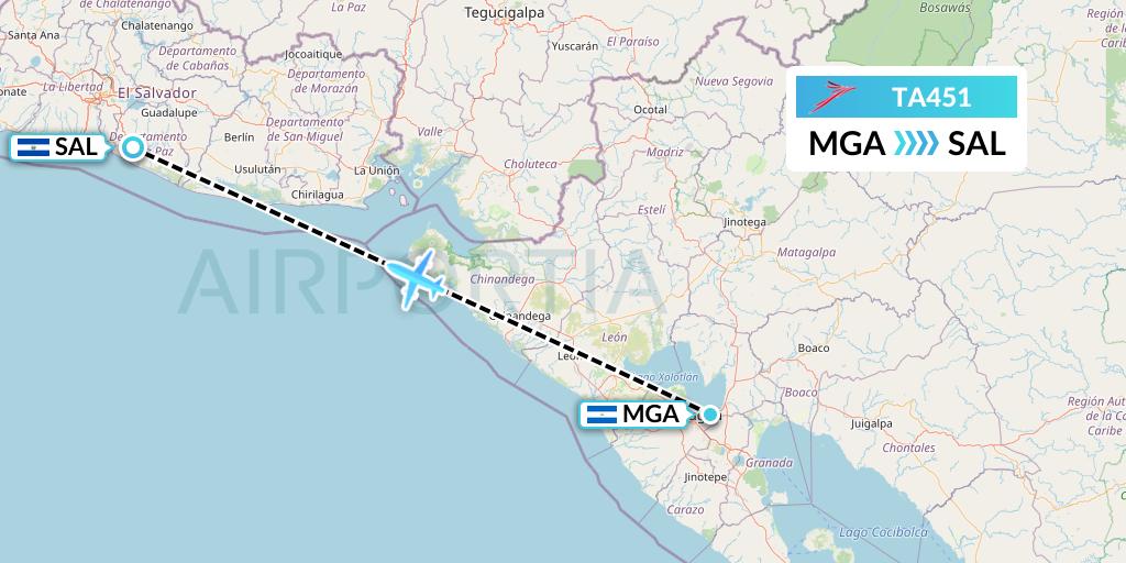 TA451 TACA Airlines Flight Map: Managua to San Salvador