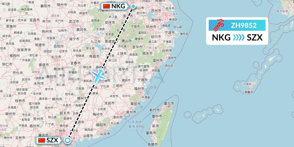 ZH9852 Shenzhen Airlines Flight Map: Nanjing to Shenzhen