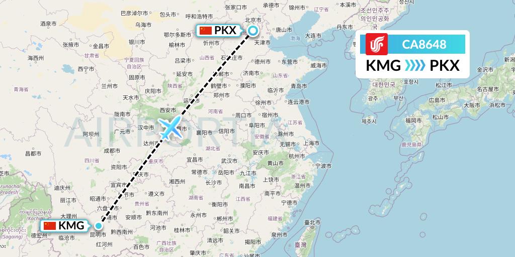 CA8648 Air China Flight Map: Kunming to Beijing