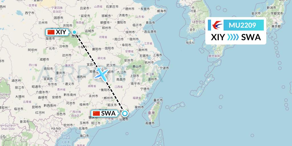 MU2209 China Eastern Airlines Flight Map: Xi'an to Jieyang