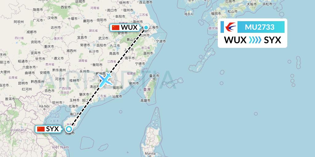MU2733 China Eastern Airlines Flight Map: Wuxi to Sanya