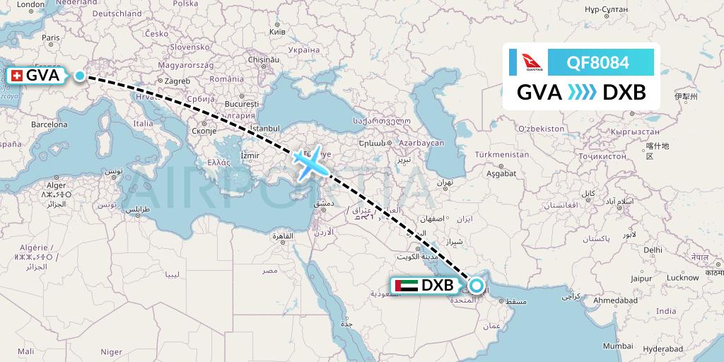 QF8084 Qantas Flight Map: Geneva to Dubai