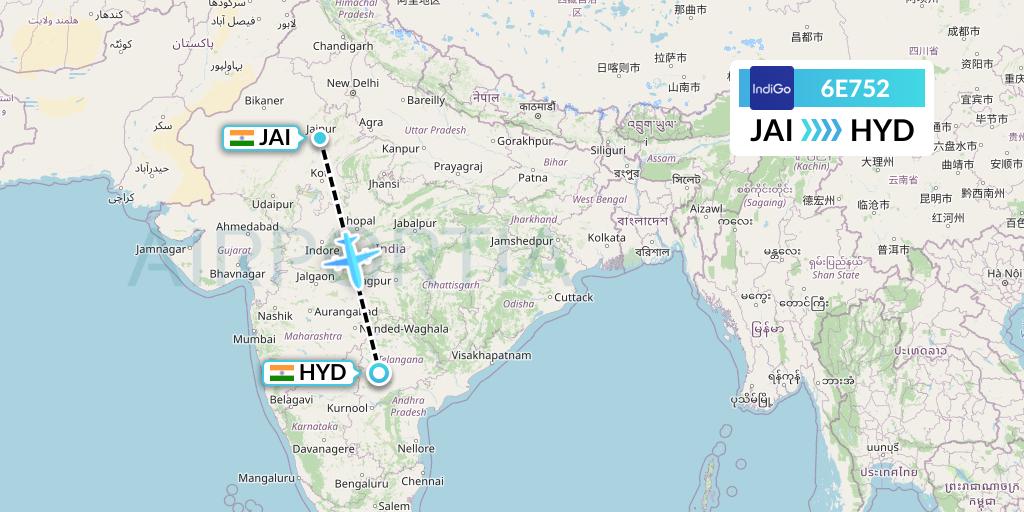6E752 IndiGo Airlines Flight Map: Jaipur to Hyderabad