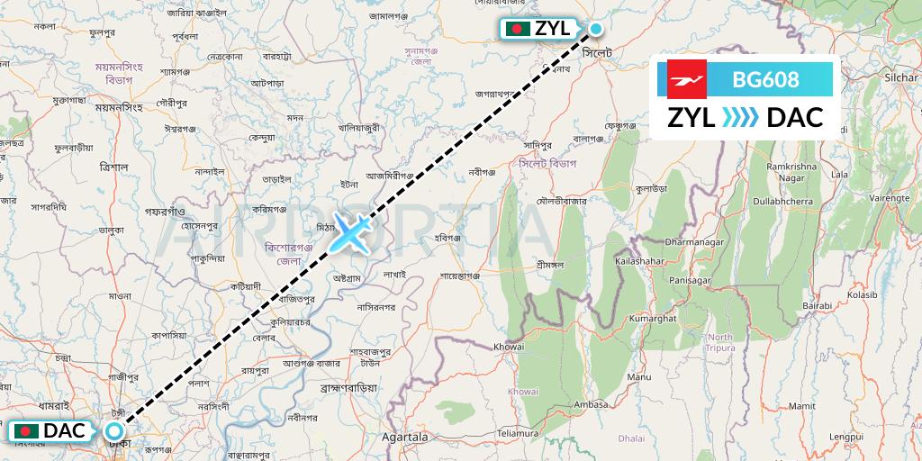 BG608 Biman Bangladesh Airlines Flight Map: Sylhet to Dhaka