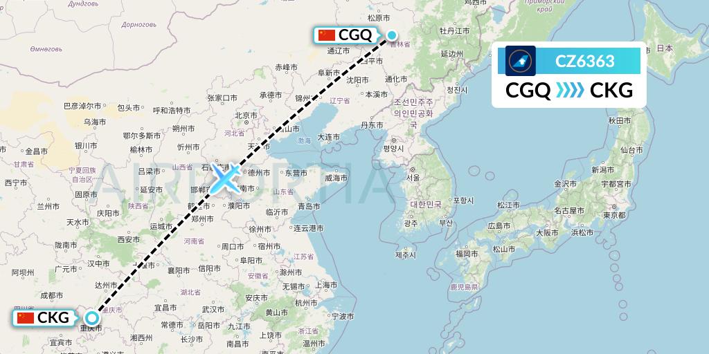 CZ6363 China Southern Airlines Flight Map: Changchun to Chongqing