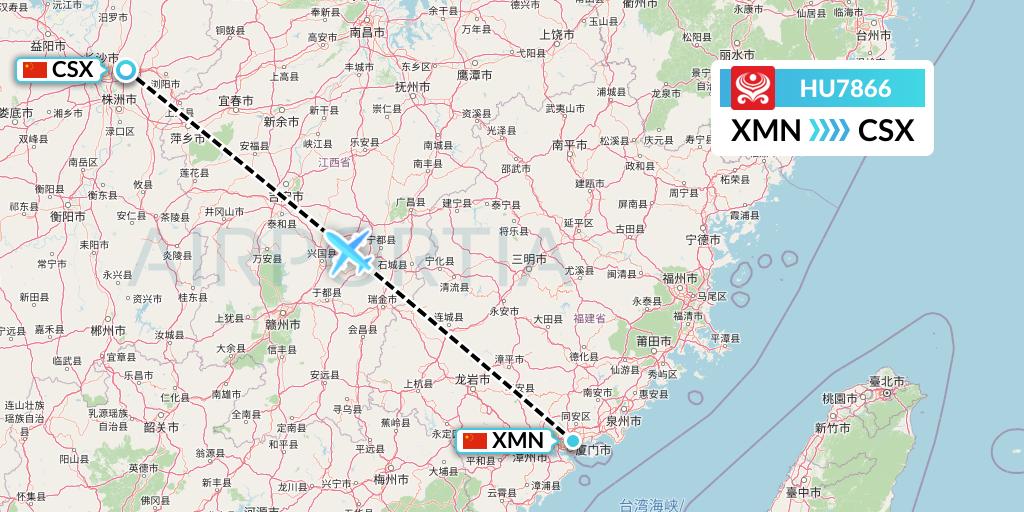 HU7866 Hainan Airlines Flight Map: Xiamen to Changsha