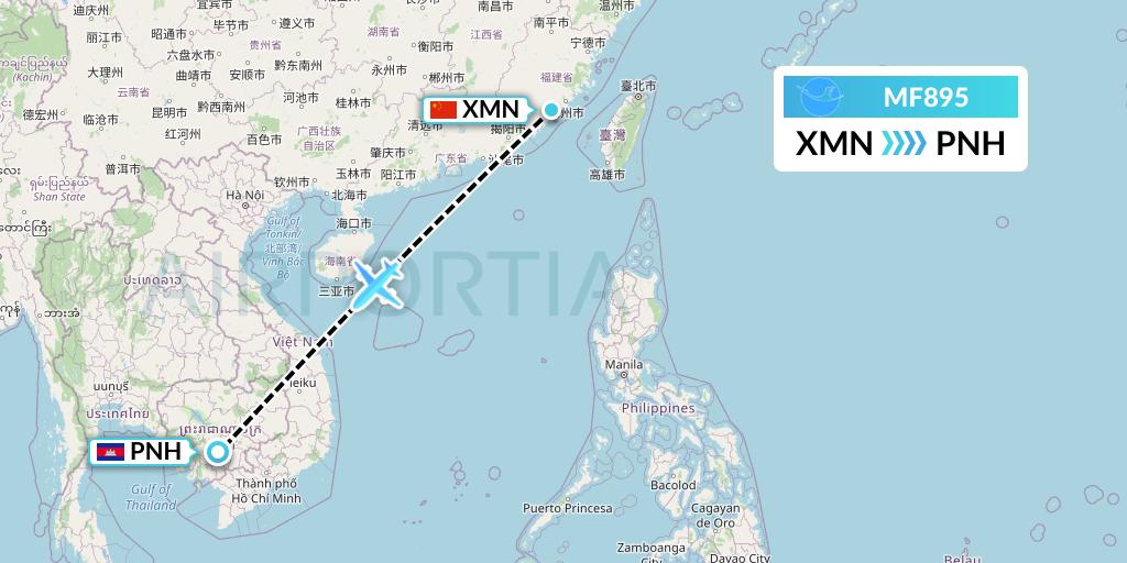 MF895 Xiamen Airlines Flight Map: Xiamen to Phnom Penh