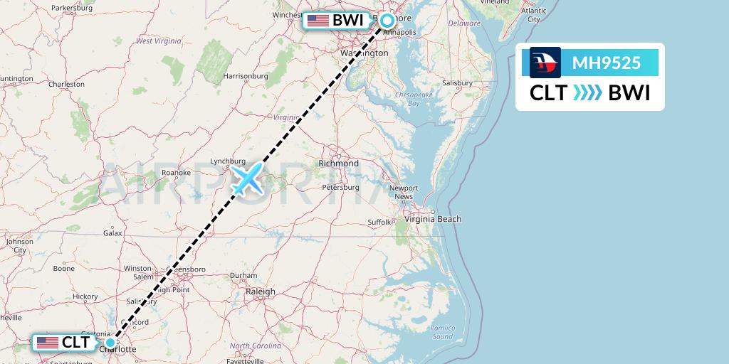 MH9525 Malaysia Airlines Flight Map: Charlotte to Baltimore