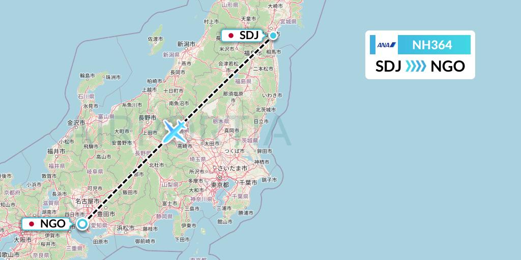 NH364 All Nippon Airways Flight Map: Sendai to Nagoya