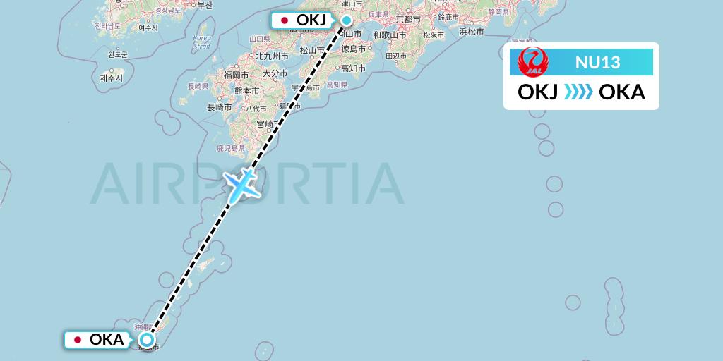 NU13 Japan Transocean Air Flight Map: Okayama to Naha