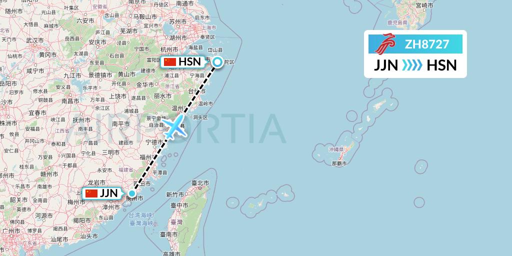 ZH8727 Shenzhen Airlines Flight Map: Jinjiang to Zhoushan