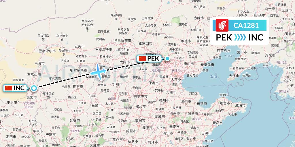 CA1281 Air China Flight Map: Beijing to Yinchuan