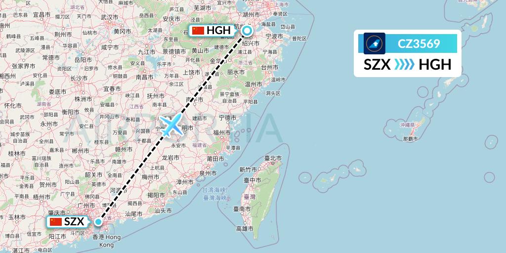 CZ3569 China Southern Airlines Flight Map: Shenzhen to Hangzhou