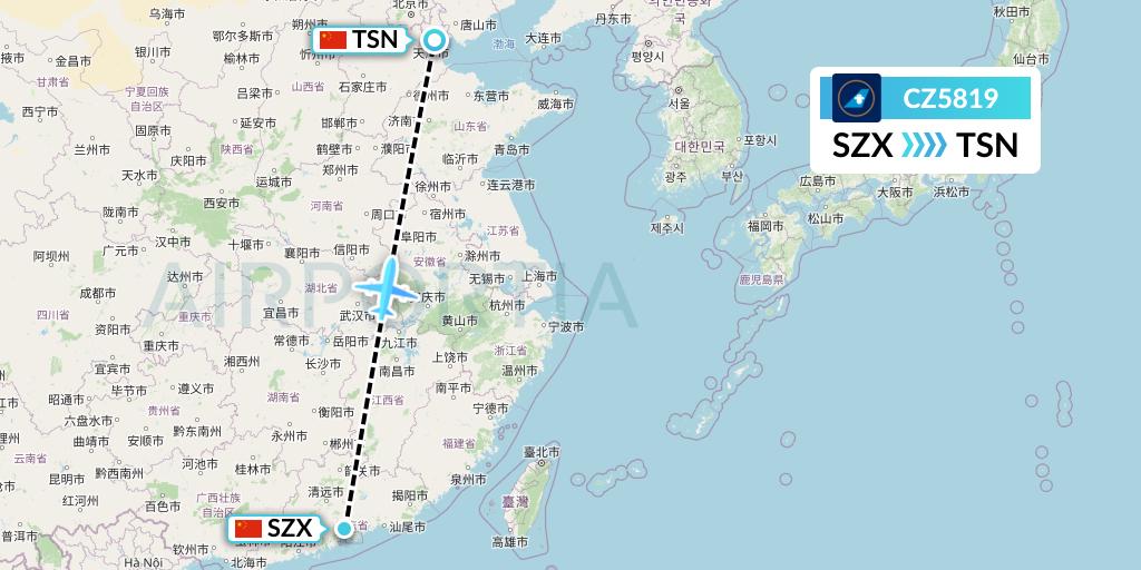 CZ5819 China Southern Airlines Flight Map: Shenzhen to Tianjin