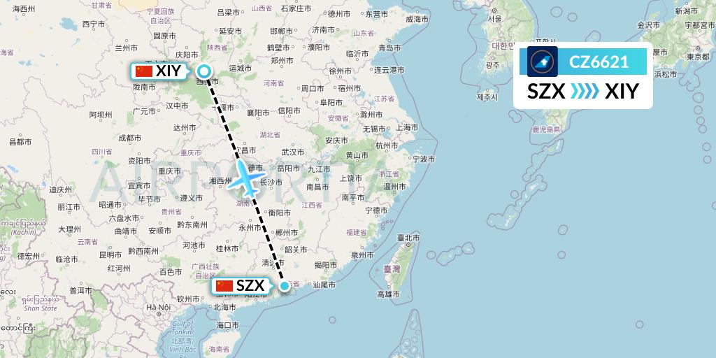 CZ6621 China Southern Airlines Flight Map: Shenzhen to Xi'an