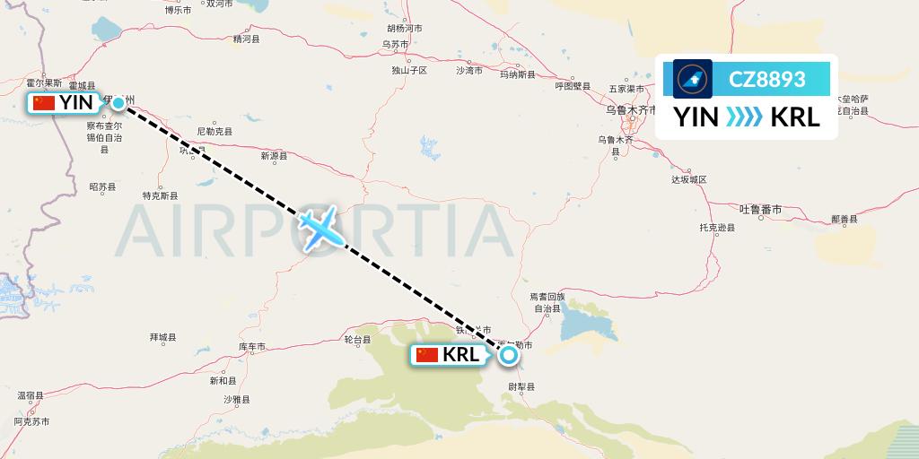 CZ8893 China Southern Airlines Flight Map: Yining to Korla