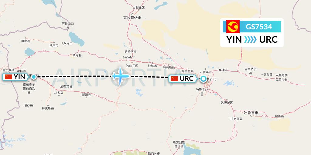 GS7534 Tianjin Airlines Flight Map: Yining to Urumqi