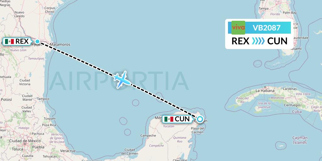 VB2087 VivaAerobus Flight Map: Reynosa to Cancun