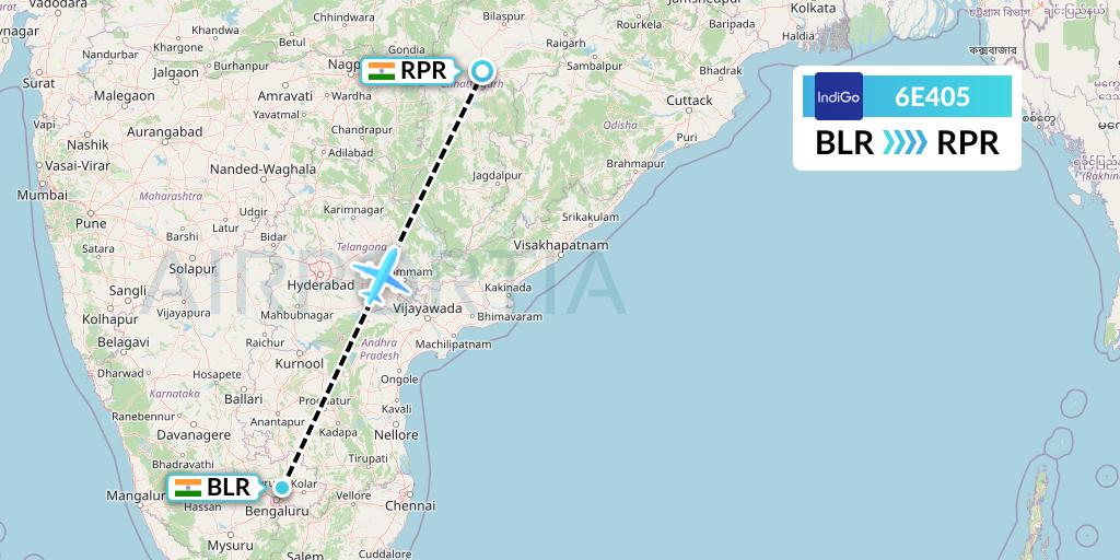 6E405 IndiGo Airlines Flight Map: Bangalore to Raipur