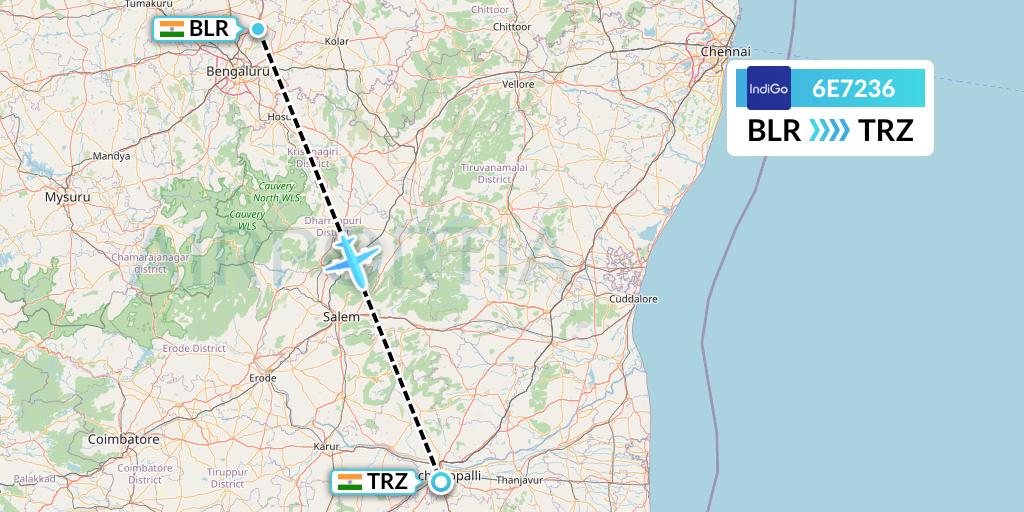 6E7236 IndiGo Airlines Flight Map: Bangalore to Tiruchirapalli