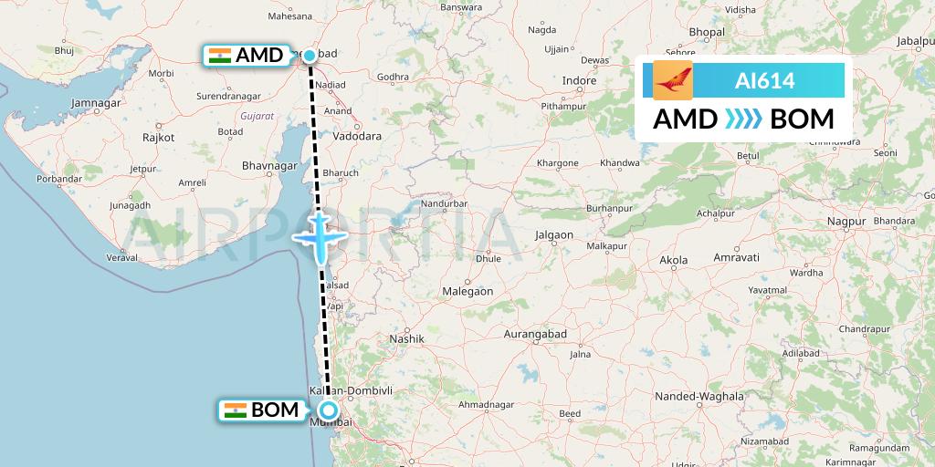 AI614 Air India Flight Map: Ahmedabad to Mumbai