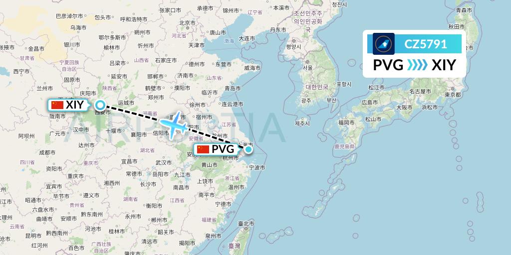 CZ5791 China Southern Airlines Flight Map: Shanghai to Xi'an