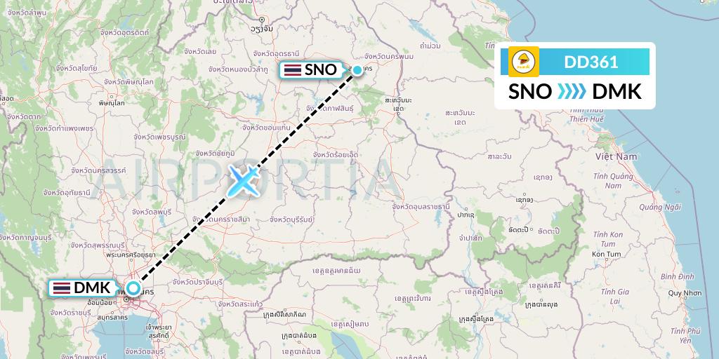 DD361 Nok Air Flight Map: Sakon Nakhon to Bangkok