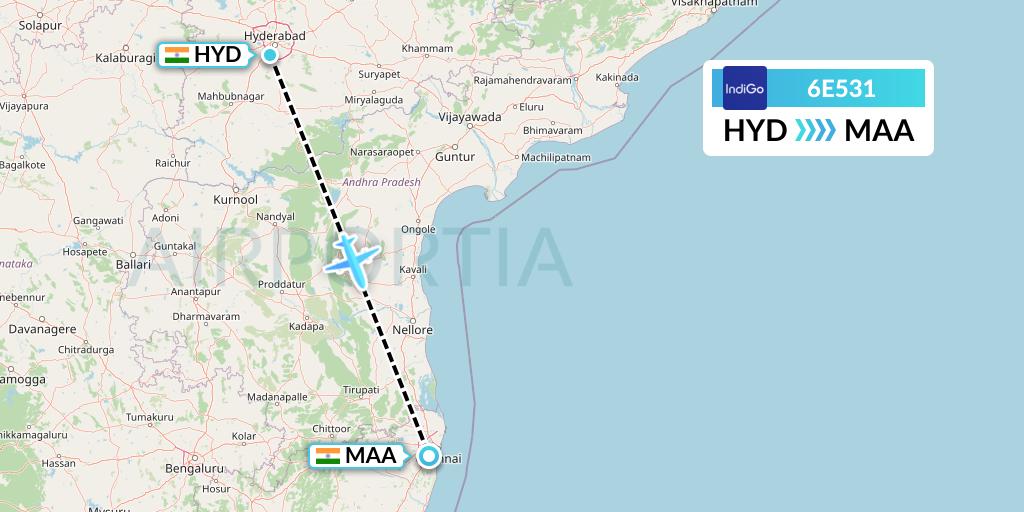 6E531 IndiGo Airlines Flight Map: Hyderabad to Chennai