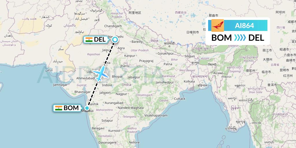 AI864 Air India Flight Map: Mumbai to Delhi
