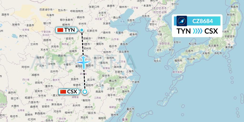 CZ8684 China Southern Airlines Flight Map: Taiyuan to Changsha