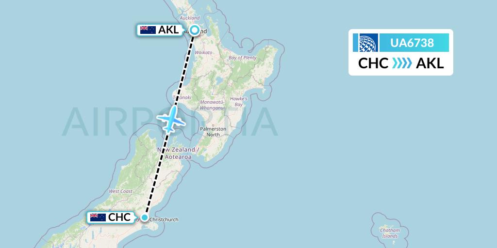 UA6738 United Airlines Flight Map: Christchurch to Auckland